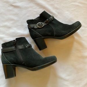 Clarks Black Suede Zip Braided Strap Ankle Boot